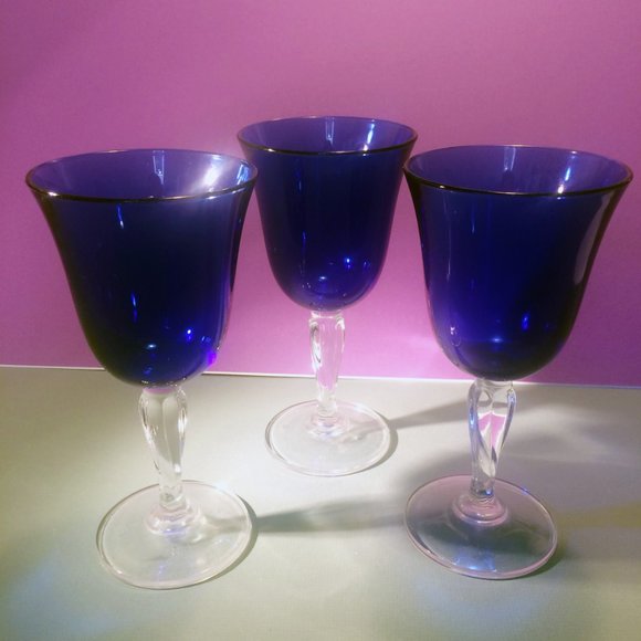 COPY - Set of Three Cobalt Blue Stemmed Glasses Wine or Water - Picture 2 of 3